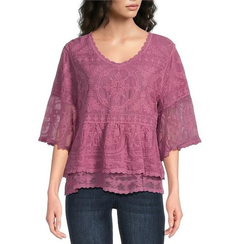 Democracy Petite Scoop Neck Bell Sleeve Double Flounce Peplum Top Size PL